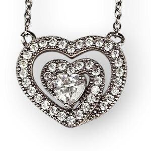 Sterling Double Heart CZ Chain Necklace Station Pendant 925 Silver IBB 18" Long